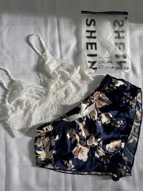 SHEIN White Lace Bralette and Navy Floral Satin Shorts Pajama Set